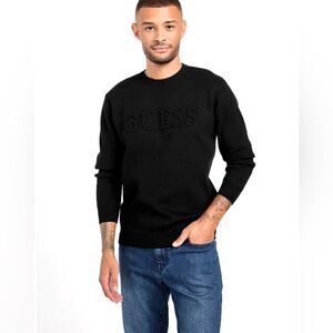 Guess Men’s Astero jet black front logo crewneck sweater size medium NWT